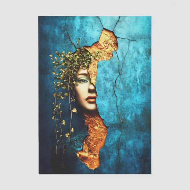 Papel De Seda Mulher & Vinhas, Parede Azul Rachada EM9L Decoupag (Frente )