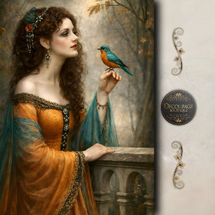 Papel De Seda Mulher Vitoriana Azul Ave Teal Elegância Decoupage
