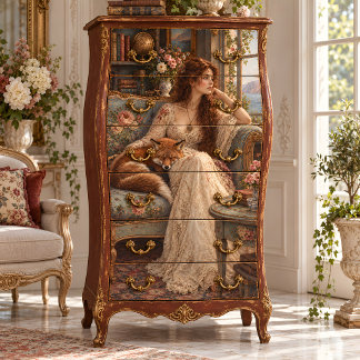 Papel De Seda Mulher Vitoriana Com Decoupage de Raposa Adormecid