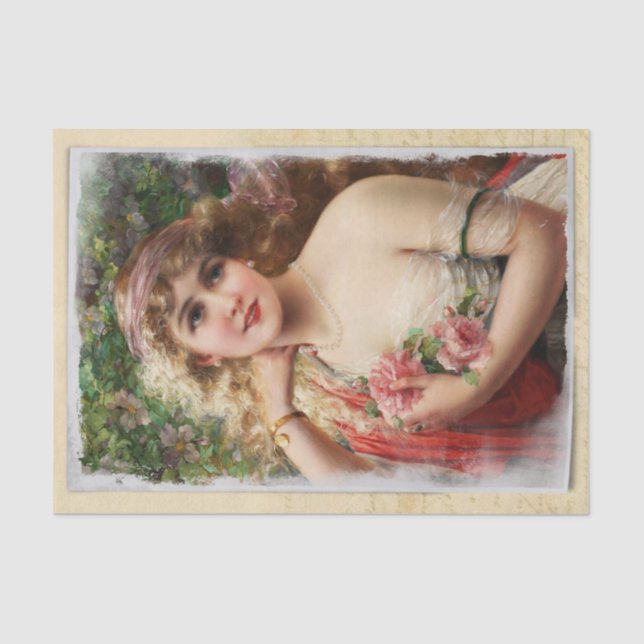 Papel De Seda Mulher Vitoriana com Rosas Rosa Romântica (Frente )