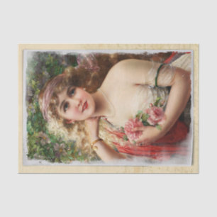Papel De Seda Mulher Vitoriana com Rosas Rosas Romântica