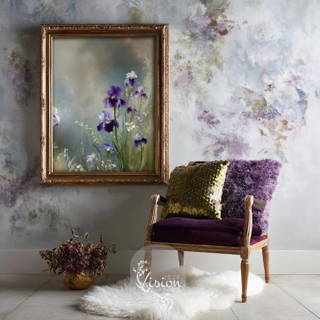 Papel De Seda Musa da Sabedoria Íris Lavanda Sabugueiro Branco A (Gold framed iris print above purple velvet chair decorative pillows white fur rug dried flowers)