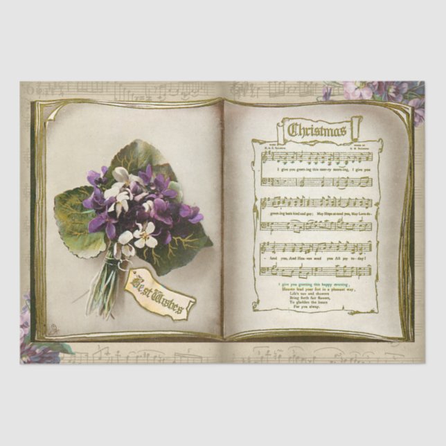 Papel De Seda Música de Natal Rústica com Violetas (Frente )