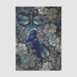 Papel De Seda Mysterious Raven, White Florals & Dragonflies