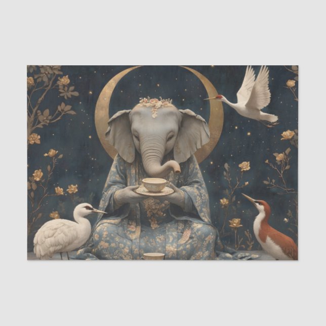 Papel De Seda Mystical Elephant Tea Party Sob Lua Crescente (Frente )