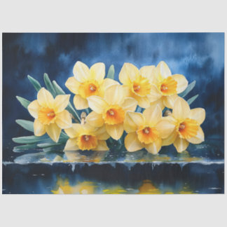 Papel De Seda Narcisos Amarelos em Decoupage de Aquarela Azul