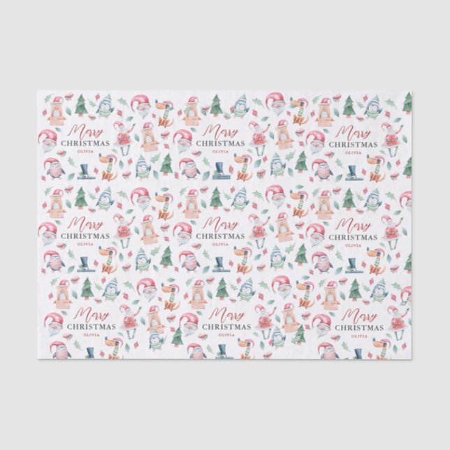 Papel De Seda Natal Alegre Aquarela de Inverno Fofa  (Frente )