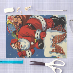 Papel De Seda Natal Antigo, Papai Noel Descendo a Chaminé com Br