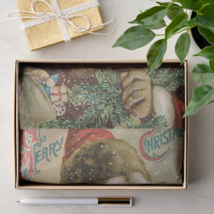 Papel De Seda Natal Antigo, Papai Noel Vitoriano com Pinheiro