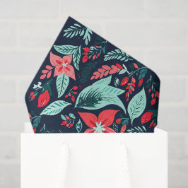 Papel De Seda Natal Azul Elegante Botânico Floral Feriado