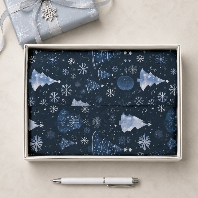 Papel De Seda Natal Azul Profundo Elegante (elegant deep midnight blue christmas tree snowflake winter gift wrap tissue paper)