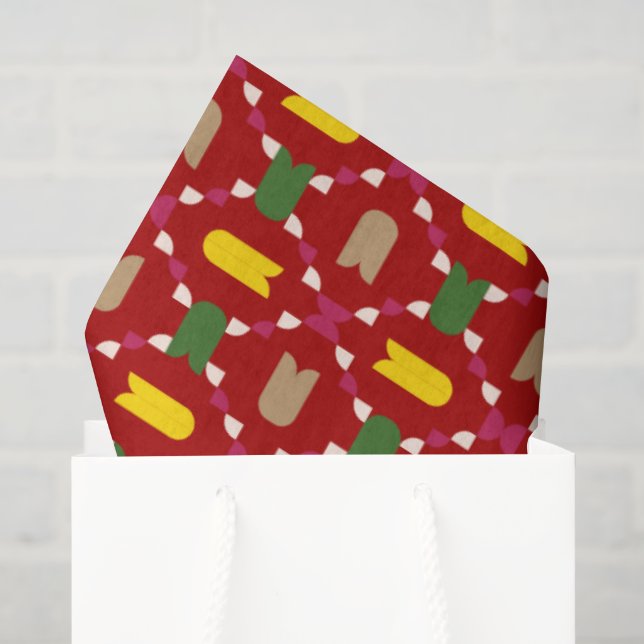Papel De Seda Natal Clássico Vermelho e Verde Geométrico Sem Cos (Sacola de presentes)