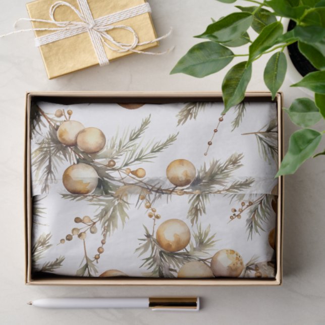 Papel De Seda Natal de Folhagem Dourada com Aquarela (Presente)