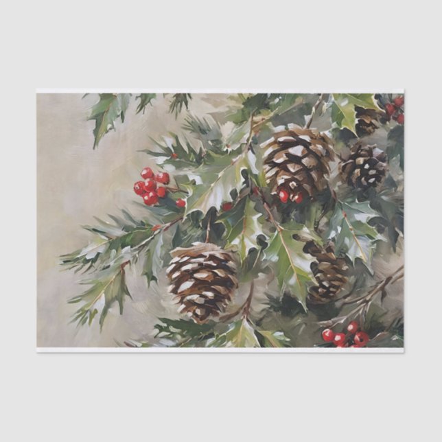 Papel De Seda Natal - Disoupage Holly e Pinecones (Frente )
