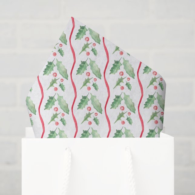 Papel De Seda Natal em Aquarela com Azevinho (Sacola de presentes)