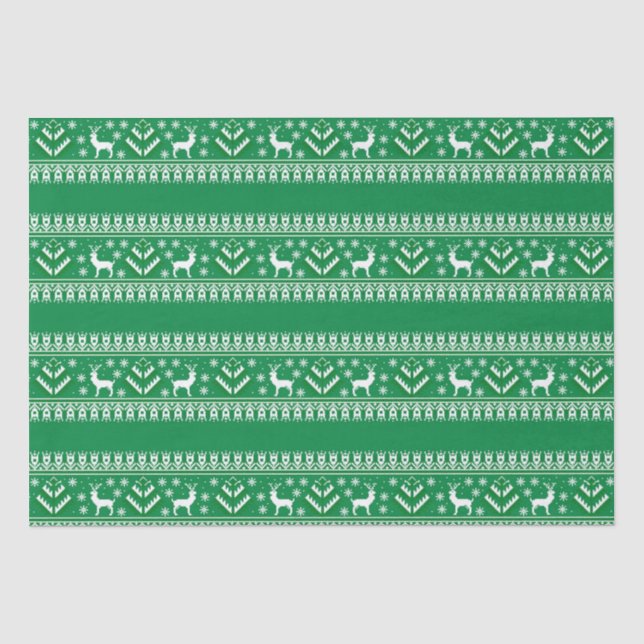 Papel De Seda Natal em Ilhas Fair Isle Verde e Branco de Inverno (Frente )
