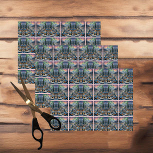 Papel De Seda Natal numa aldeia montanhosa, luzes polares