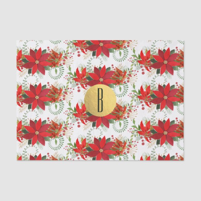 Papel De Seda Natal Poinsettia Feriado Dourado Vermelho Floral (Frente )
