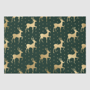 Papel De Seda Natal Rena Elegante em Verde e Dourado com Folha d