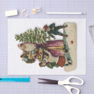 Papel De Seda Natal São Nicolau & Crianças Vitoriano Antigo