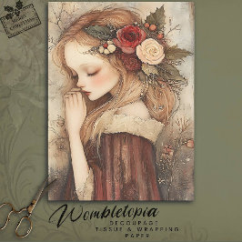 Papel De Seda Natal vintage Rapariga Floral e Holly Decoupage