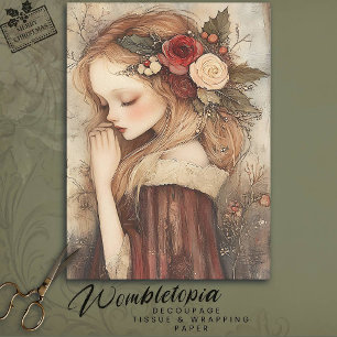 Papel De Seda Natal vintage Rapariga Floral e Holly Decoupage