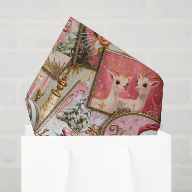 Papel De Seda Natal Vintage Retrô: Colagem Rosa (Sacola de presentes)