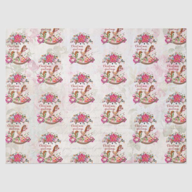 Papel De Seda Natal Vitoriano do Cavalo Rocking e Poinsettia (Frente )