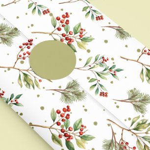Papel De Seda Natal Watercolor Greenery Red Holly