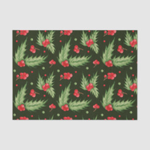 Papel De Seda Natal Watercolor Holly Berry com Folhas