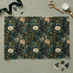 Papel De Seda Natalina elegante Floral Verde e Creme de Inverno