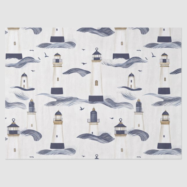 Papel De Seda Nautical Lighthouse Coastal Blue Pattern (1) (Frente )