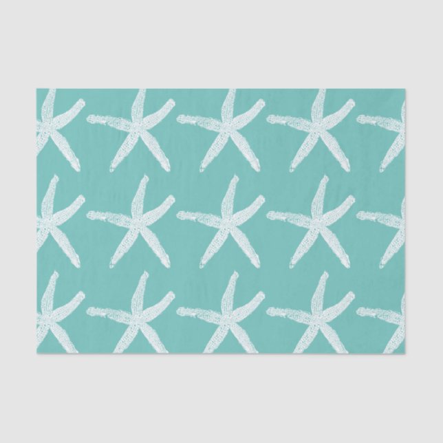 Papel De Seda Náutico Padrões Starfish White Teal Blue Beach (Frente )