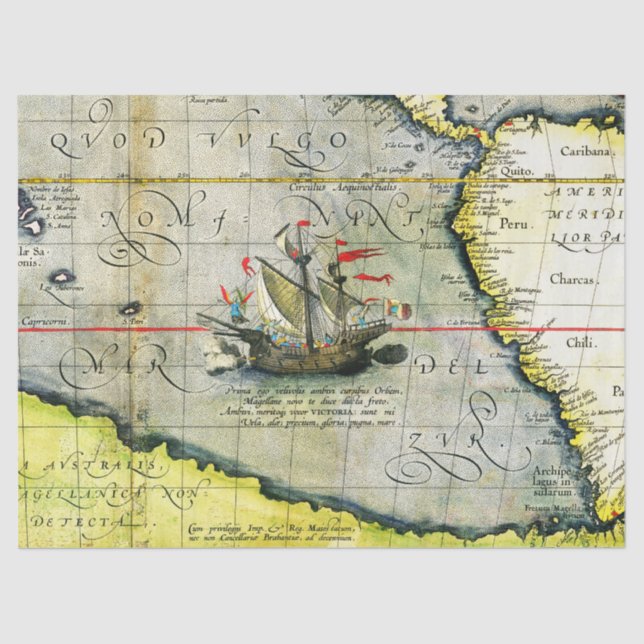 Papel De Seda Navio de Magalhães Victoria, Mapa Antiquado do Oce (Frente )