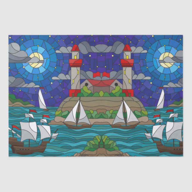 Papel De Seda Navio de Navegação por Farol Vermelho Marítimo Céu (Frente )