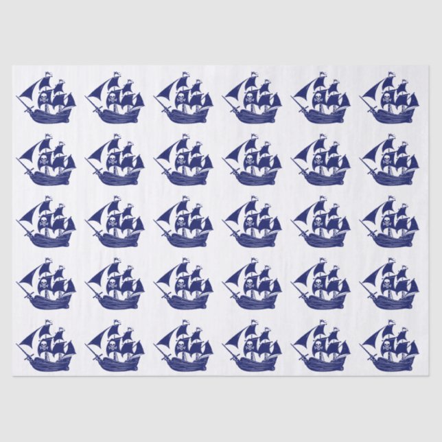 Papel De Seda Navio Pirata Caveira Cruzada DIY Cores Azul (Frente )