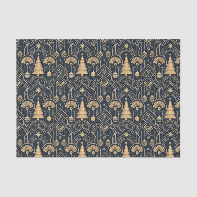 Papel De Seda Navy Blue Art Deco Christmas Tree Pattern (Frente )