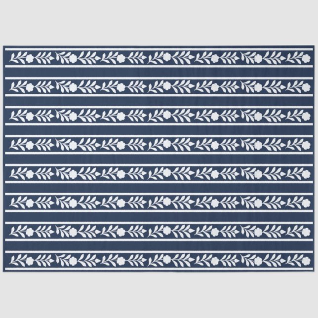 Papel De Seda Navy Blue Bone Inlay Floral Border Decoupage Paper (Frente )