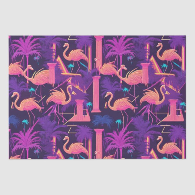 Papel De Seda Neon Flamingo Palm Trees Vaporwave Aestético (Frente )