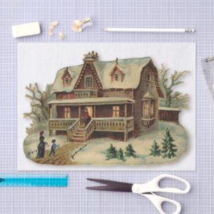 Papel De Seda Neve de Natal Casa Vitoriana Antiga Casa Neve
