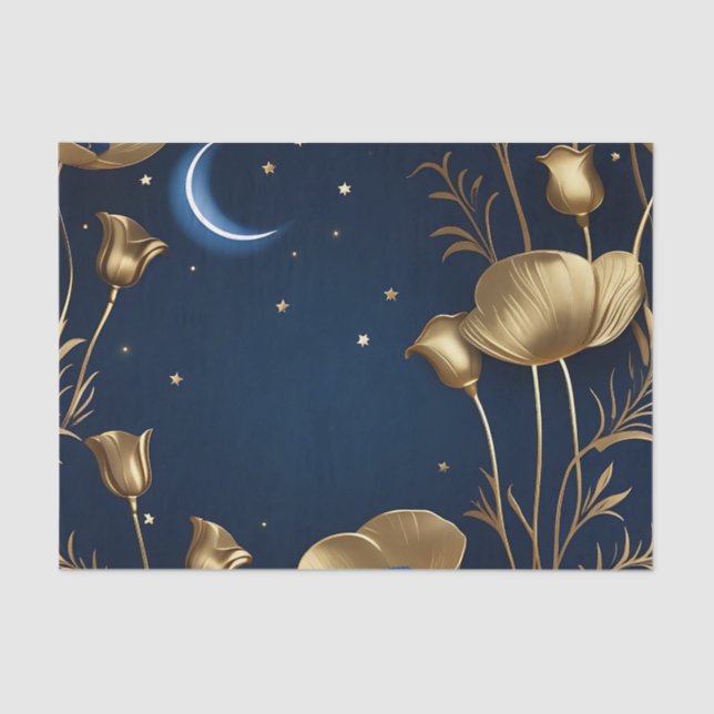 Papel De Seda Noite Estrelada com Lua Crescente Dourada (Frente )