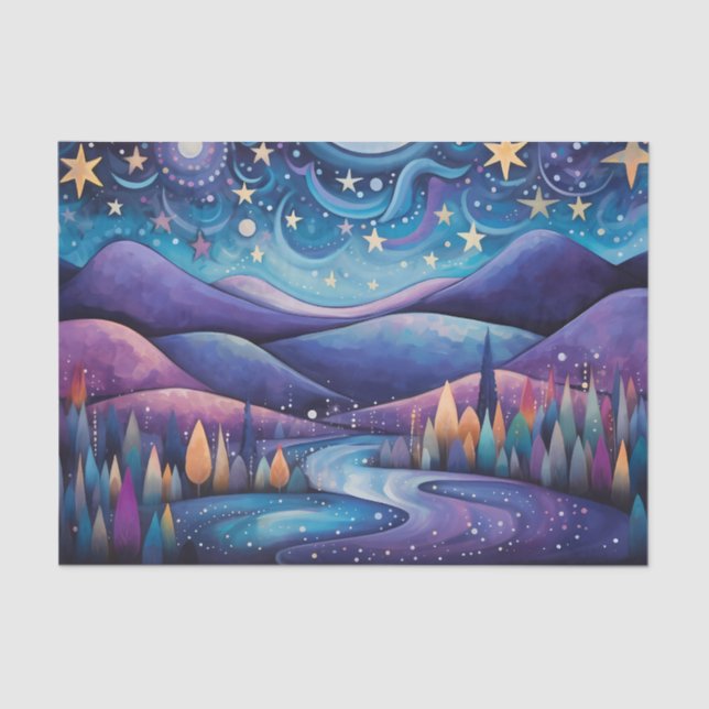 Papel De Seda Noite Whimsical - Rio, Árvores e Montanhas (Frente )