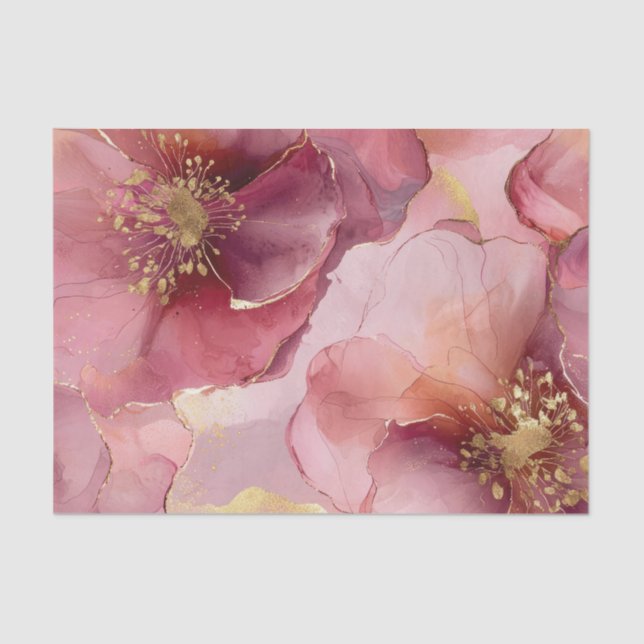 Papel De Seda Noiva Dourado Borgonha Rosa Flores Rosa Choque (Frente )