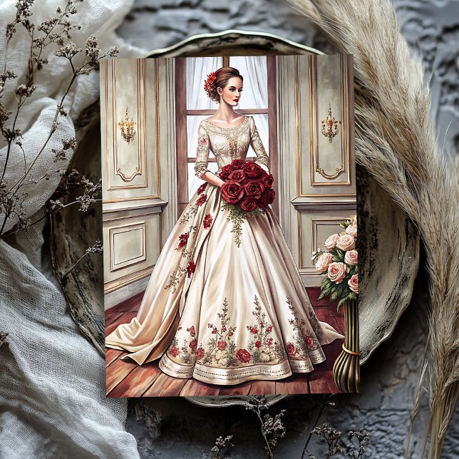 Papel De Seda Noiva vitoriana com buquê rosa vermelha (Vintage Victorian bride with red roses bouquet Tissue Paper)