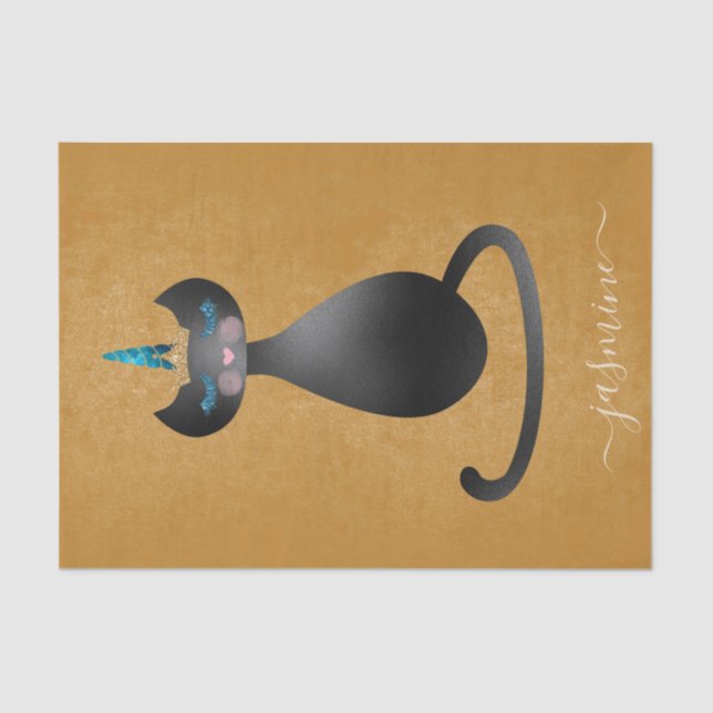 Papel De Seda Nome do Script Monograma Dourado de Caticorn Preto (Frente )