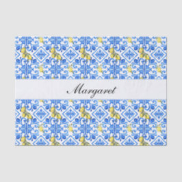 Papel De Seda Nome Monograma Aquarela Azulejo Azul Limão Amarelo