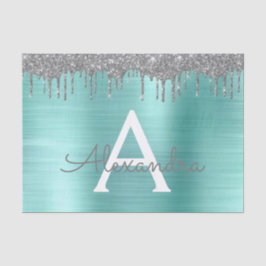 Papel De Seda Nome Monograma em Metal Escovado com Brilho Teal P