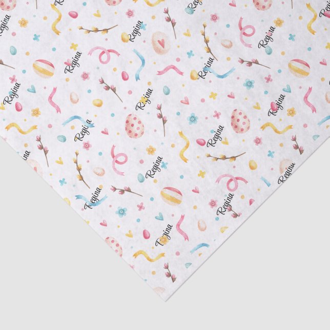 Papel De Seda Nome no padrão de primavera da Páscoa em pastéis f (Detalhes)