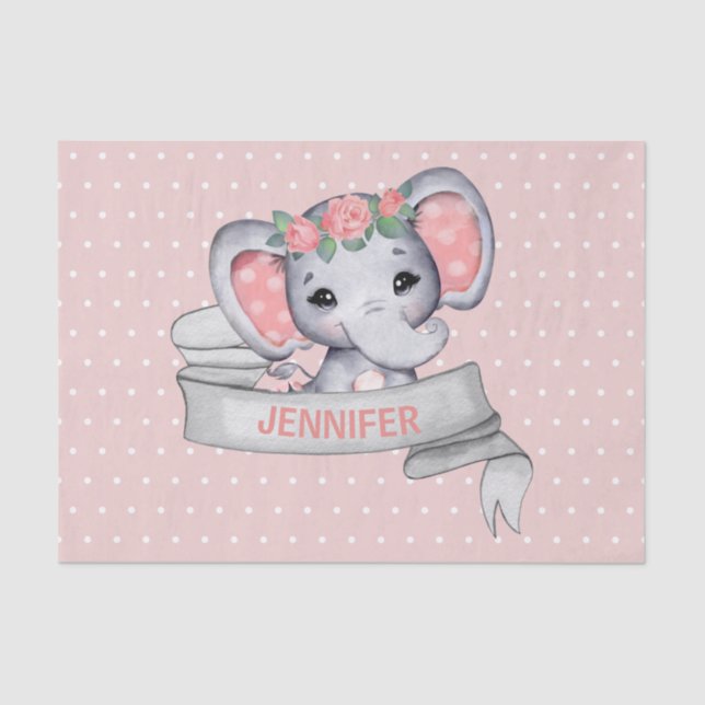 Papel De Seda Nome Personalizado Elefante Menina Rosa e Cinzas (Frente )