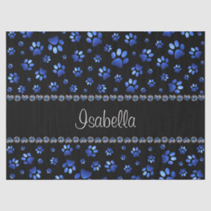 Papel De Seda Nome personalizado, patas de cão com brilho azul